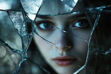 Melancholic woman reflected in broken mirror shards