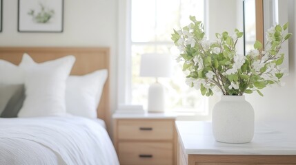 White flowers in vase in bedroom interior