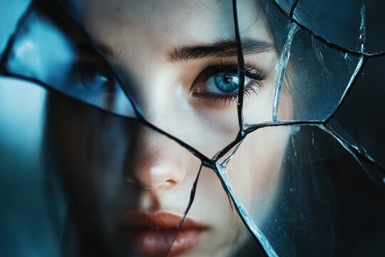Melancholic woman reflected in broken mirror shards