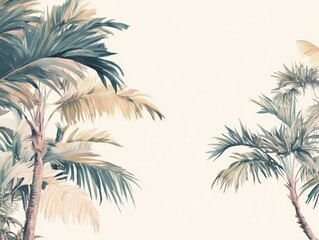 Watercolor painting of palm trees on cream background with space for text tropical foliage botanical art illustration design element