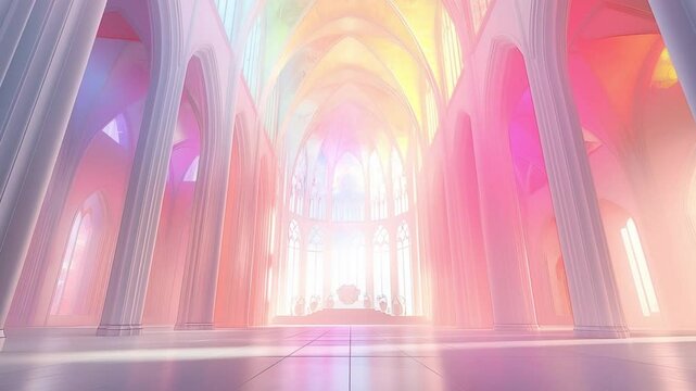This Vibrant colors fill the spacious cathedral, creating a sacred atmosphere with glowing light.