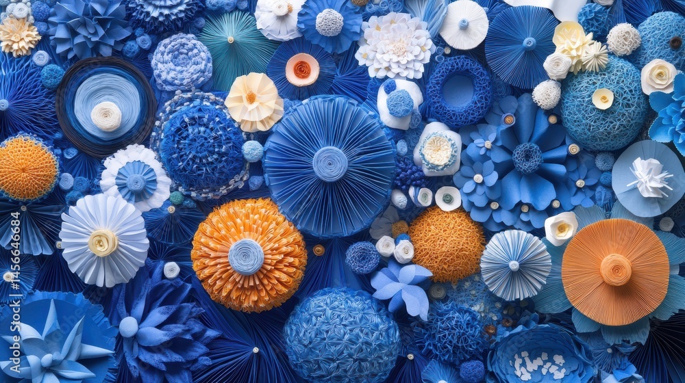 Poster Paper Flower Arrangement Displaying Blue and Orange Hues from Above in a Flat Lay Style for Backgrounds and Art