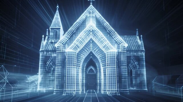 This modern cathedral in a glowing wireframe creates an ethereal atmosphere.