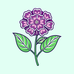 A vibrant illustration of a single purple flower with green leaves