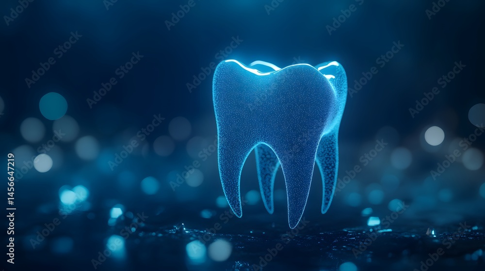 Aufkleber digital rendering of a glowing tooth on a dark background.