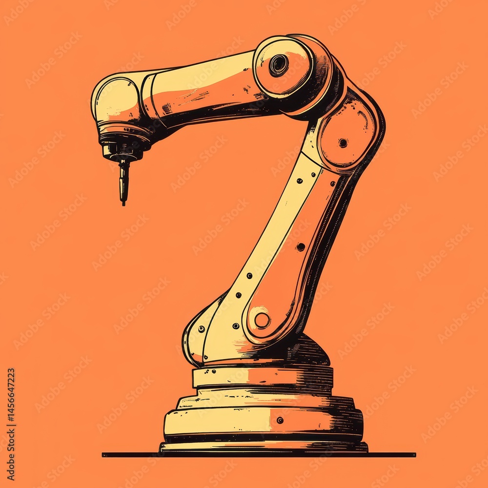 Poster industrial robot arm illustration in orange; automation and precision engineering concept; robotic t
