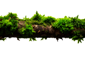 Moss covered log with vibrant green foliage on transparent background