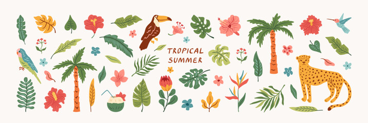 Tropical wild animals, birds, flowers and exotic plant. Hand drawn leopard, palm tree, toucan, proteus flower, hibiscus, parrot, monstera, plumeria. Set of  jungle sticker. Vector flat illustration.