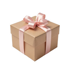 Elegant gift box with pink ribbon, simple brown packaging, perfect for celebrations or thoughtful surprises, ample copy-space. Isolated on white background or PNG
