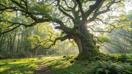 Fototapeta premium Sunlit Mossy Oak Low Angle Composition, Forest Scene, Mystical Nature Photography, Nature, Forest, Tree Nature Photography, Landscape Photography