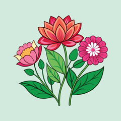 Vibrant Floral Bouquet Illustration Featuring Three Blossoms and Lush Green Foliage