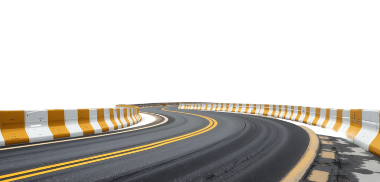 A curved road with yellow and white markings bordered by reflective barriers, offering a sense of direction and perspective