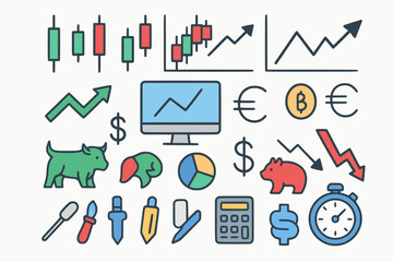 Obraz premium Financial Trading Symbols – Flat Vector Clipart Set