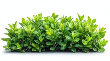 Obraz premium Lush green boxwood shrubs with vibrant foliage on white background surface.