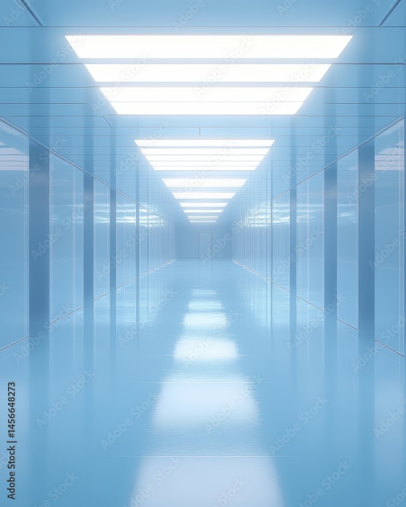 Poster abstract perspective of long empty blue hallway with bright lights and reflections in modern interio