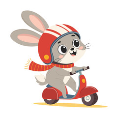Cute bunny in helmet riding a scooter. Happy character on a scooter. Vector children's illustration on white background.