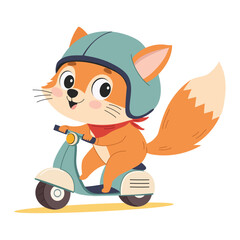 Cute little fox in helmet riding a scooter. Happy character on a scooter. Vector children's illustration on white background.