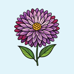 Vibrant Purple Flower with Green Leaves Detailed Illustration