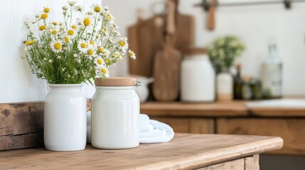 White vase with daisies and jar on wooden table