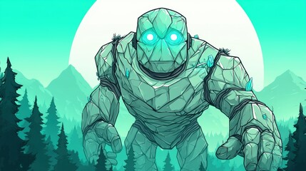 A glowing stone golem stands in a forest with mountains and a large sun in the background, depicted in a vibrant fantasy illustration style.
