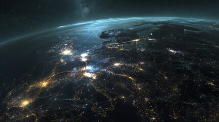 Obraz premium A modern technology symbol, featuring a high-tech digital network over a map of Europe, utilizes a circuit board and binary code background to convey internet communication infrastructure
