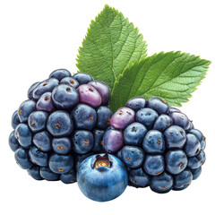 Blackberry and Blueberry with Green Leaves: A close-up shot of ripe, juicy blackberries and a vibrant blueberry, complemented by fresh green leaves, evokes freshness and natural flavors.