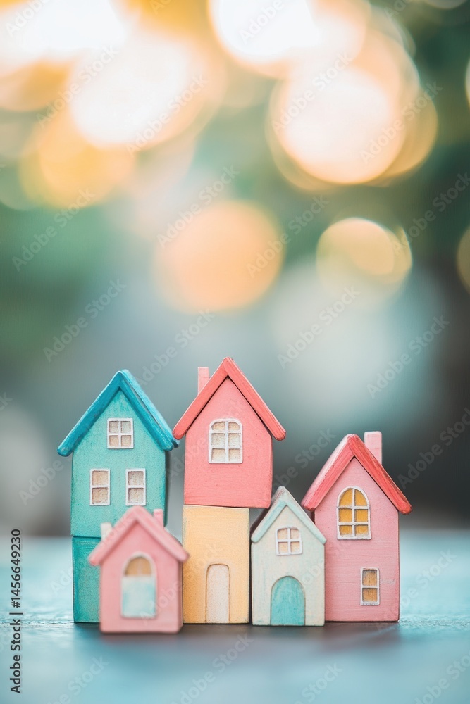 Aufkleber colorful toy houses arranged in a row against a bokeh background representing homeownership and comm