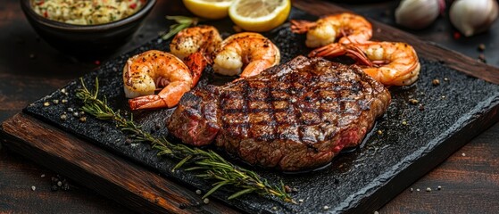 Delicious grilled steak and shrimp on a black stone board with lemon and sauce for a gourmet meal
