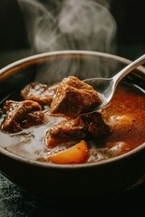 Steaming bowl of beef stew with potatoes, close-up view. Rich brown broth, tender meat, steam rising
