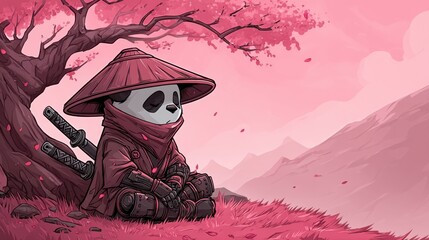 Panda samurai sitting under a cherry blossom tree, wearing traditional hat and armor, peaceful landscape with mountains and falling petals, pink color palette.