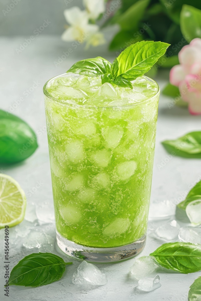 Aufkleber Refreshing Cucumber Basil Cooler Close Up Still Life Refreshment in Glass with Ice Cubes and Lime Slice Summer Drink