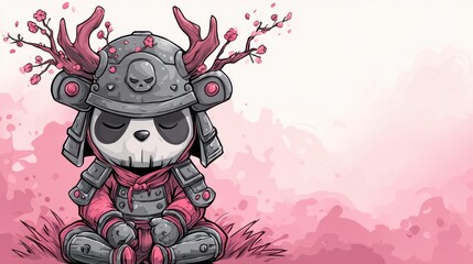 Cute panda samurai in armor with cherry blossom antlers, sitting peacefully on pink grass, cartoon style.