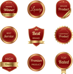 Elegant red and gold label set with luxury design. Ideal for best quality tags, award emblems and certified seals for top rated products. Premium vector badges for branding and packaging.