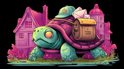 Cute turtle with a mailbag and letters on its shell, wearing a cap, standing in front of colorful houses, cartoon style, black background.