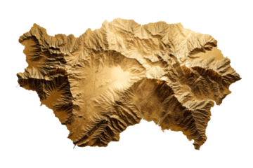 Topographical map of a mountainous region with gold texture