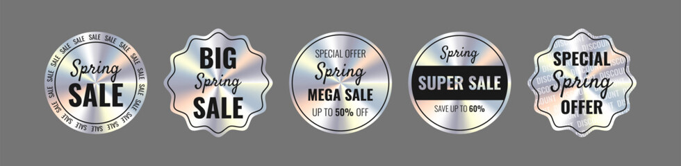 Tags and stickers with holographic effect: Spring Sale, Super Sale, Special Spring Offer, Up to 50-60% Off. Hologram various geometric shapes.