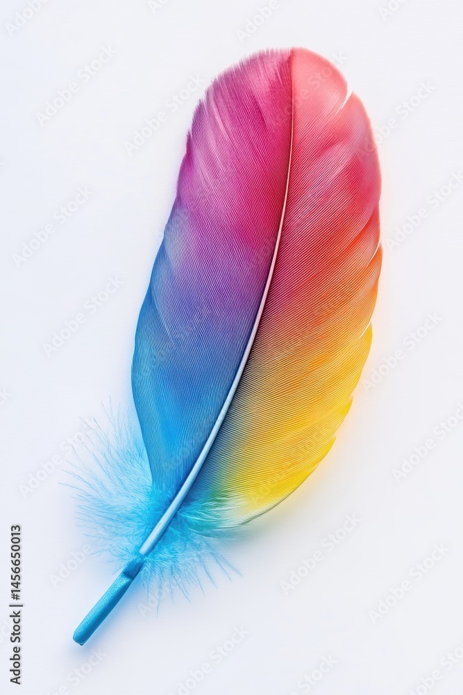 Poster isolated rainbow feather on white backdrop studio shot vibrant gradient colors avian plumage close u