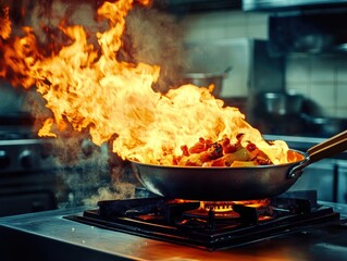 Fiery Cooking in a Professional Kitchen with Flames Engulfing a Pan on a Gas Stove