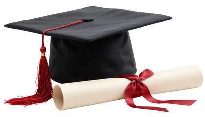 A classic graduation cap with a bold red tassel resting beside a rolled diploma tied neatly with a deep red ribbon
