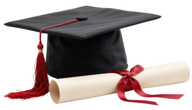 A classic graduation cap with a bold red tassel resting beside a rolled diploma tied neatly with a deep red ribbon