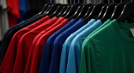 Fototapeta premium Row of Colorful T Shirts on Black Hangers in a Retail Setting with a Variety of Shades of Blue Red and Green