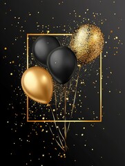 Elegant celebration with gold and black balloons floating in a golden frame on a dark background studio shot