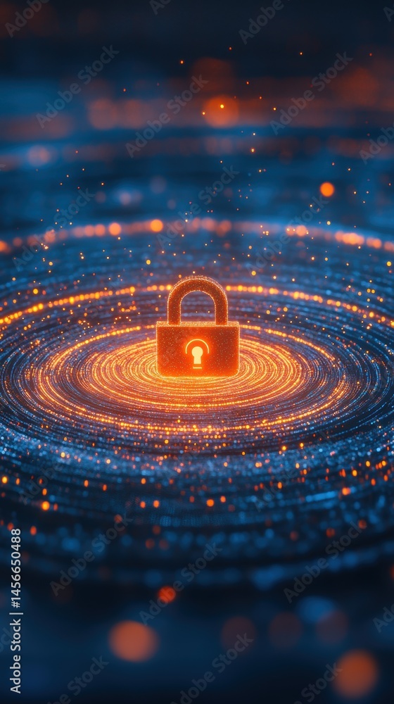 Poster Digital Padlock Security Concept with Glowing Particles and Concentric Rings Abstract Cyber Security Illustration