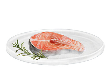 Salmon with rosemary on a white plate watercolor. Hand drawn steak red fish on white background. Food clip art. Ideal for farm fish packaging design, restaurant menus and culinary blogs