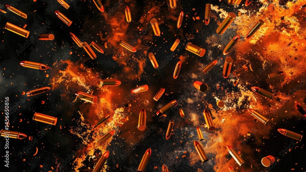Poster this artistic image features a vibrant explosion of orange and black, capturing dynamic rifle shells