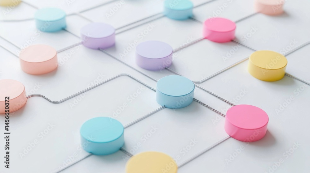 Poster pastel colored circular network nodes connected by lines on white background