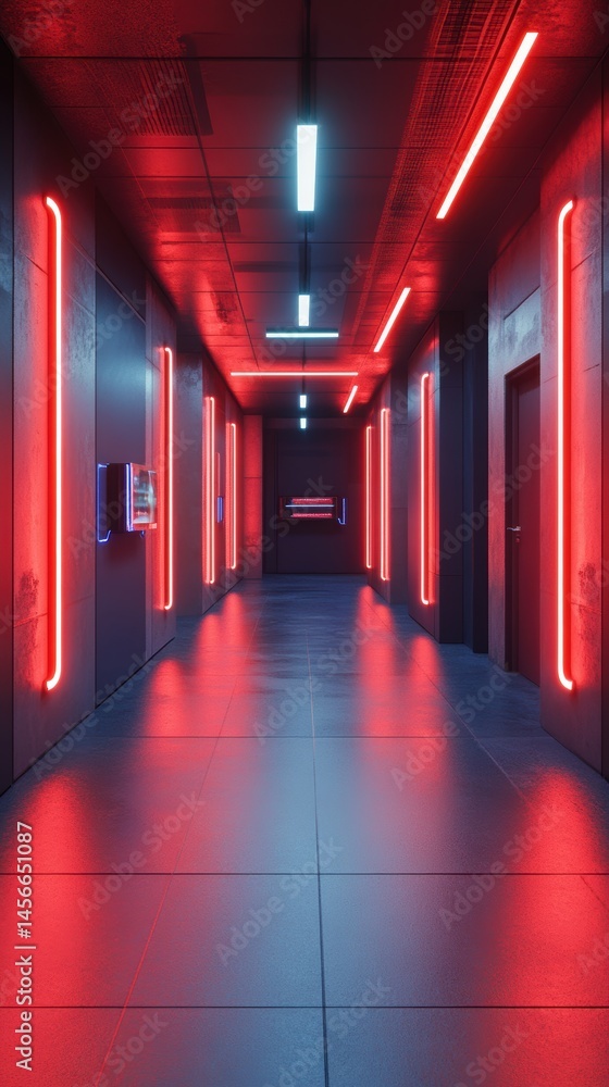 Poster futuristic hallway with red and blue neon lights perspective view in modern building interior design
