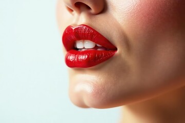 Naklejka premium Close-up vibrant red lipstick, pristine white backdrop, red lips, red