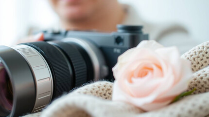 close up of a man taking a photo of a camera behind men