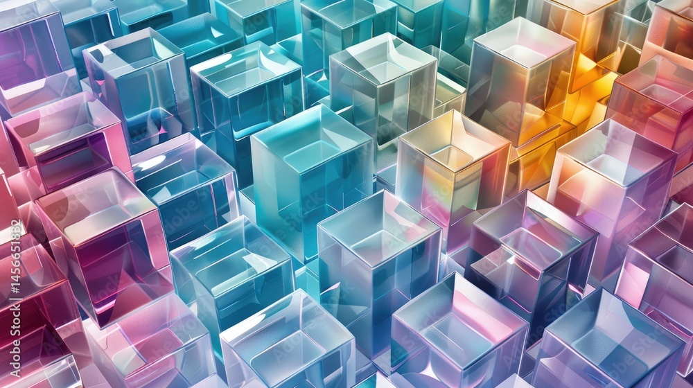 Poster a captivating abstract image featuring colorful transparent cubes arranged in a digital landscape, s